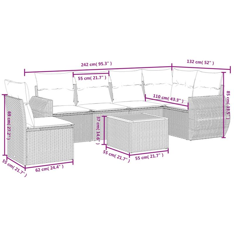 vidaXL Patio Sofa Set with Cushions Outdoor Furniture 7 Piece Poly Rattan