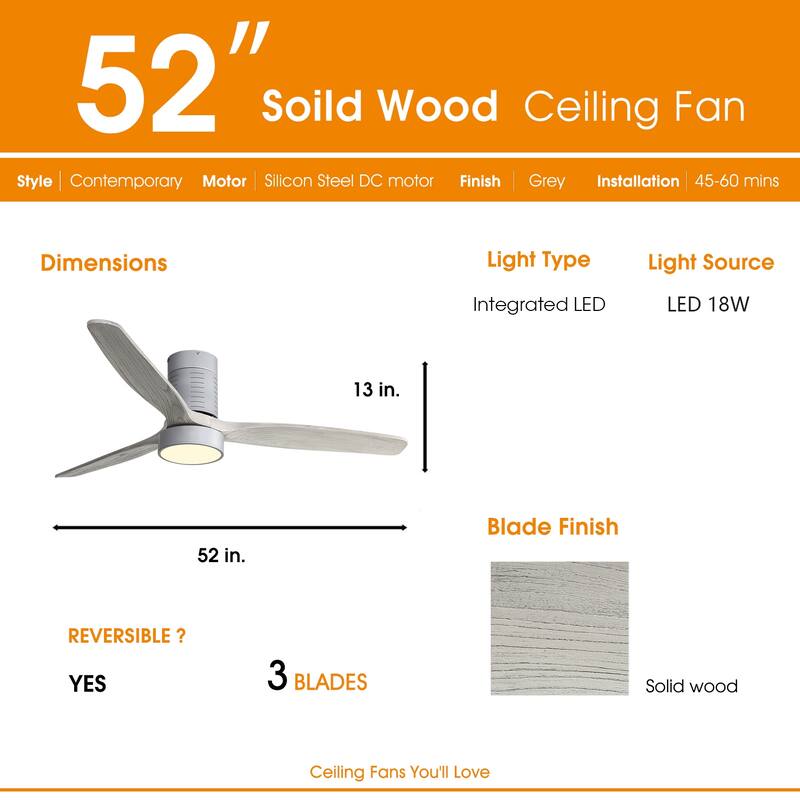 Modern Ceiling Fan Light with Adjustable Lighting, 3 Solid Wood Blades, and Remote Control for Bedroom and Lounge Area