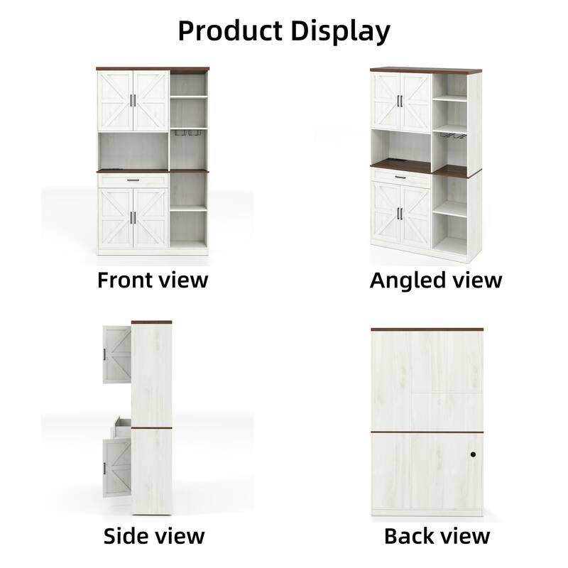 GDFStudio - Elsie 71" Farmhouse Kitchen Pantry Sideboard with Hutch, Drawer, Glass Holder & Charging Station