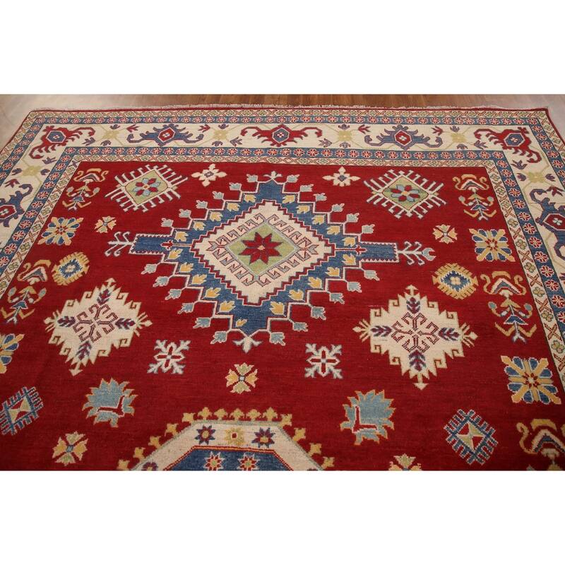 Red Geometric Kazak Oriental Area Rug Handmade Wool Carpet - 9'0"x 11'11"