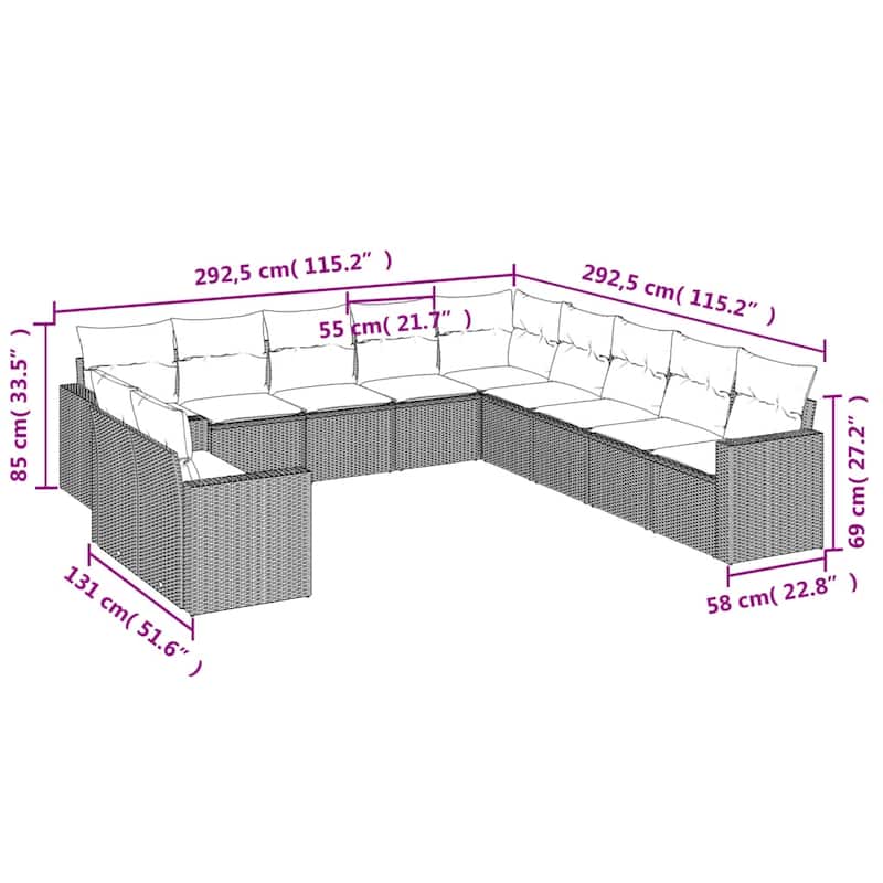 vidaXL Garden Sofa Set Grey PE Rattan Large Adjustable Feet - 24.4 x 25.8 x 27.2