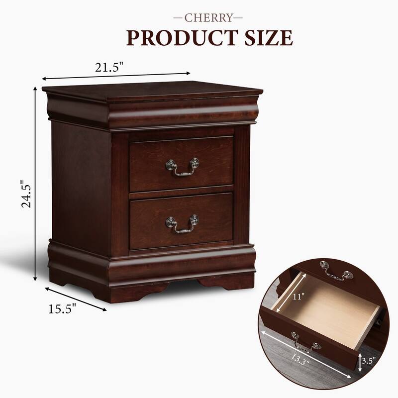 Rossetta Transitional Antique Elegant Style 2-Drawer Nightstand with Solid Wood Legs and Smooth Glides