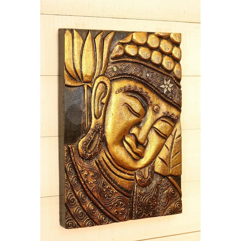 16" Silver Buddha Wall Panel - Hand Carved Decorative Wood Relief, Zen Spiritual Wall Art