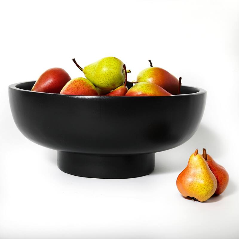 Black Wood Fruit Bowl for Kitchen Counter, 12-inch Diameter Large Wooden Fruit Bowl, Natural Wood