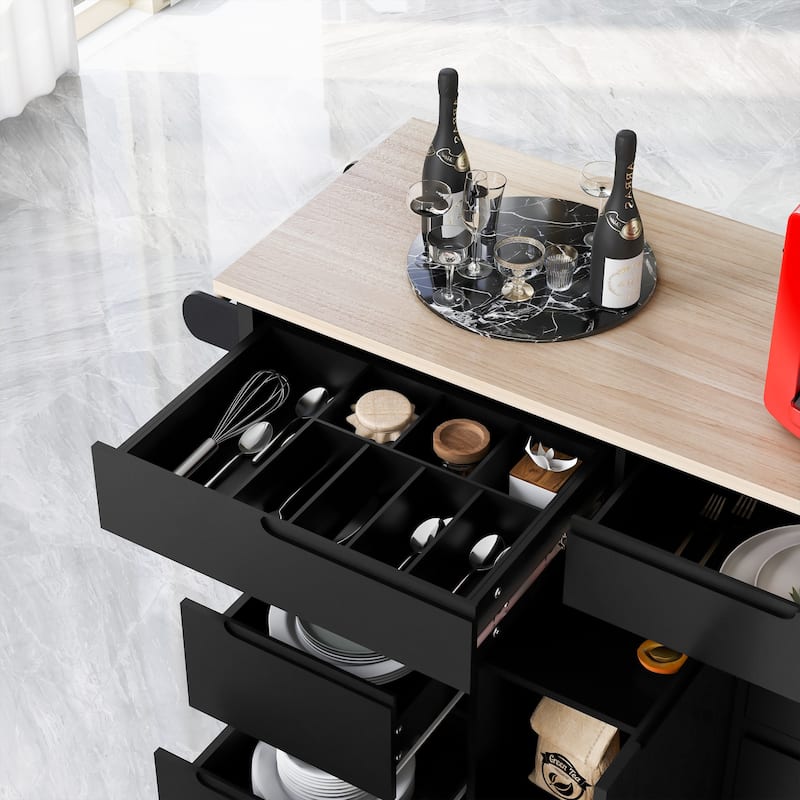 Kitchen Cart,Kitchen Island with Rubber Wood Countertop with 8 Handle-Free Drawers and 5 Wheels