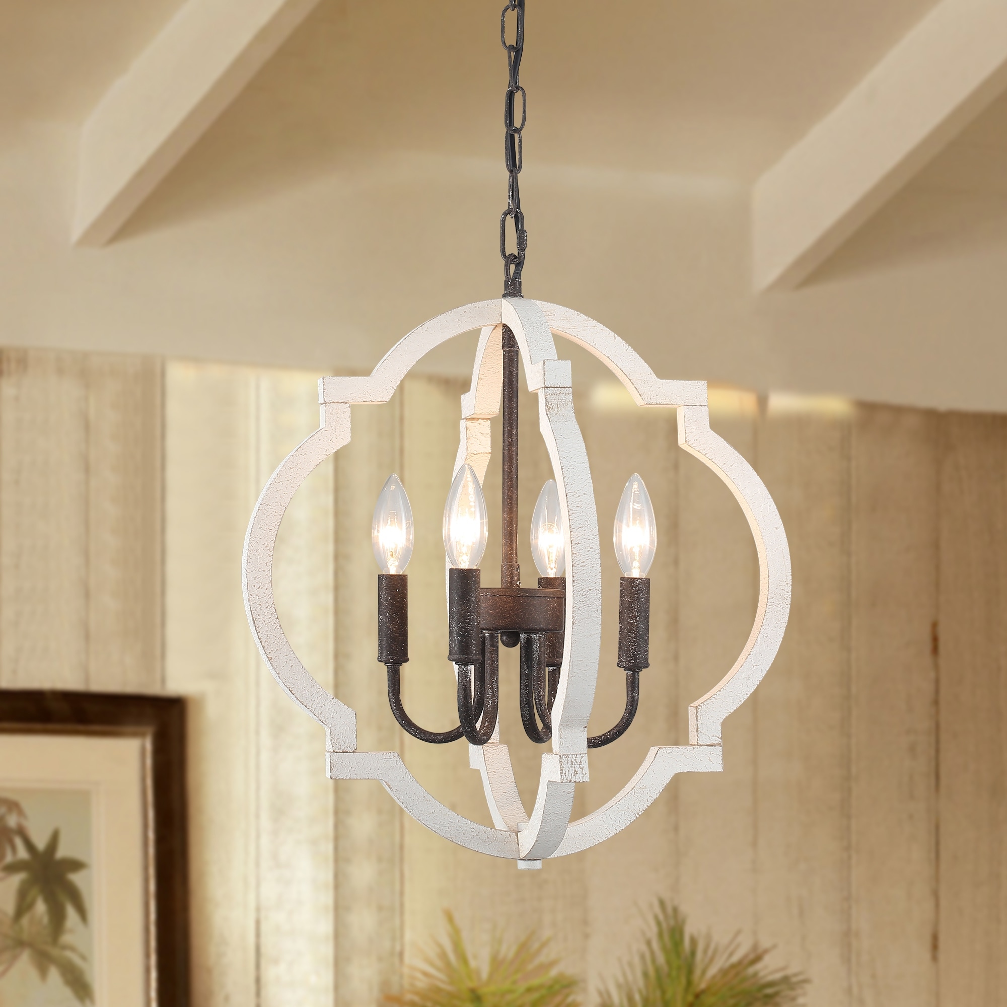 4-light Farmhouse Wooden Lantern Chandelier for Dining Room Kitchen Island Entryway Foyer
