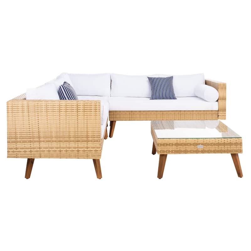 SAFAVIEH Outdoor Ulyana Outdoor Sectional Set - 54W x 26D x 28H - Natural/White Cushion