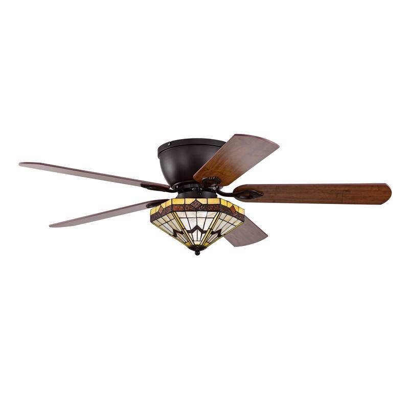 Lymelyn 52-Inch Flushmount Lighted Ceiling Fan Ivory Geometric Tiffany Glass Lamp Black Finish