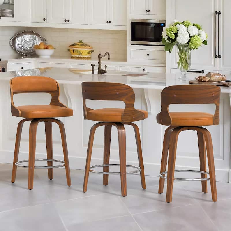 PU Leather 26in. Swivel Barstool Counter Height Low Back Solid Wood Stool for Kitchen Islands with Curved Backrest - Set of 3 - Whiskey Brown