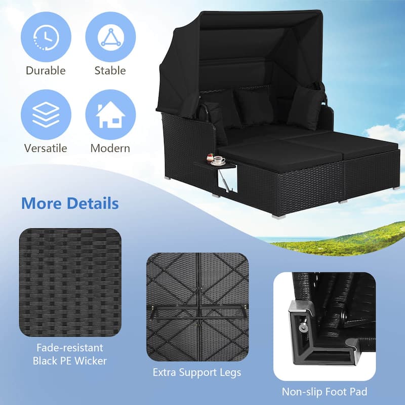 Costway Patio Rattan Daybed Lounge Retractable Top Canopy Side Tables - See Details