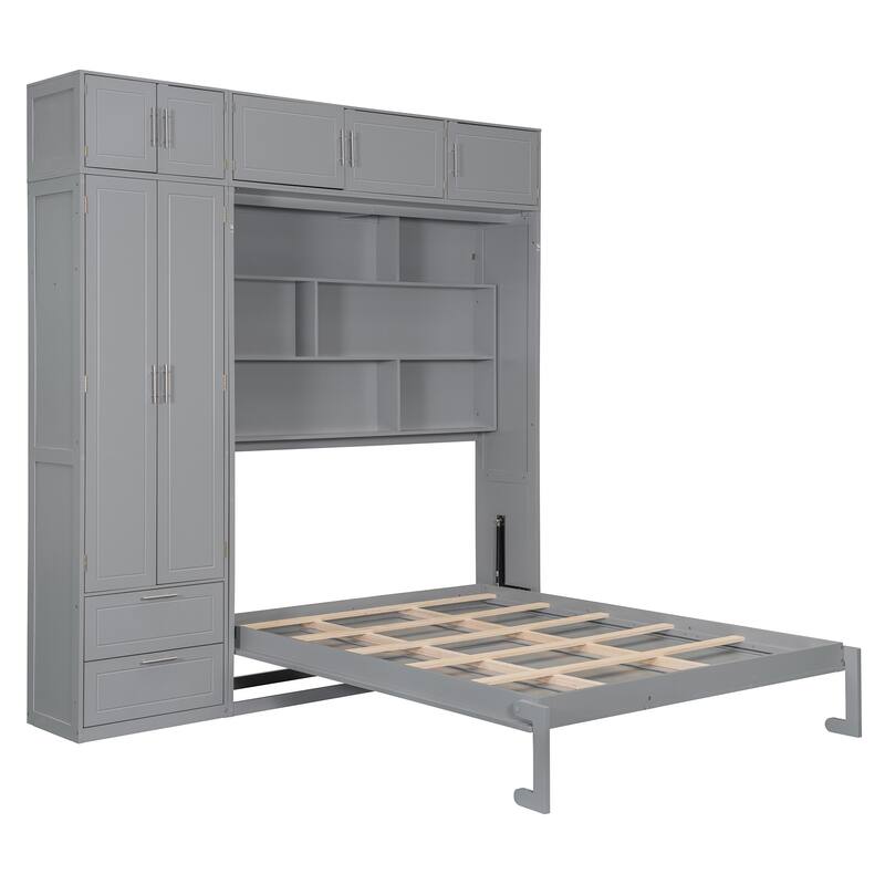Queen Size Murphy Bed with Cabinet & Wardrobe - Space Saving Wall Bed with Shelves, Foldable Bed for Small Rooms & Home Office