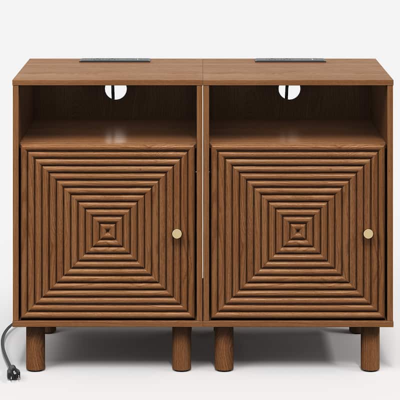Nightstand Set of 2 with Charging Station and Solid Wood Legs