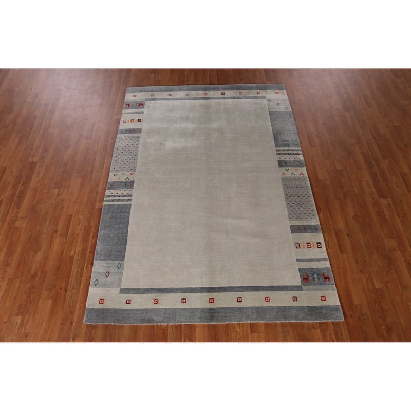 Hand Knotted Oriental 100% Wool Carpet Tribal Animal Pictorial Greys & Charcoal Gabbeh Area Rug - 7' 8'' X 5' 3''