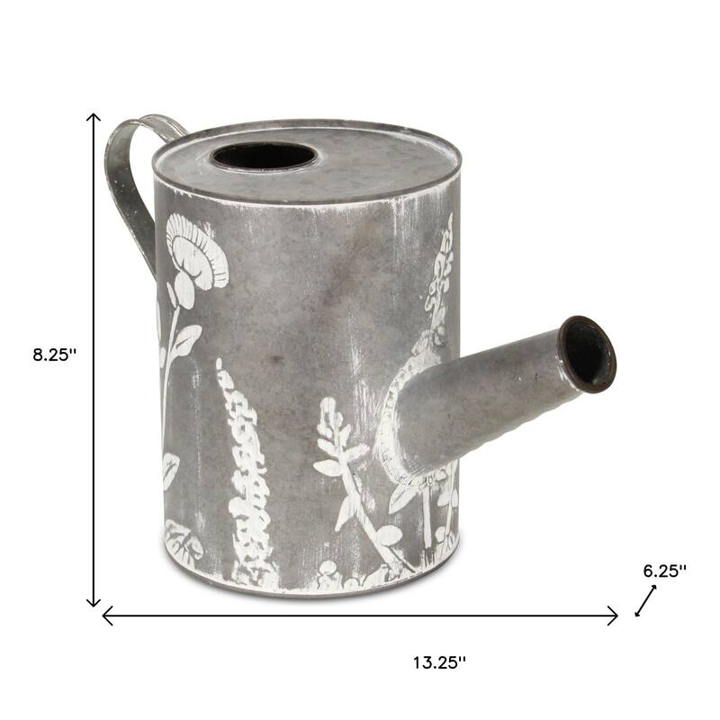 HomeRoots 8" Gray And White Galvanized Metal Flowers Hand Painted Decorative Watering Can - 13.25 in. x 8.25 in. x 6.25 in.