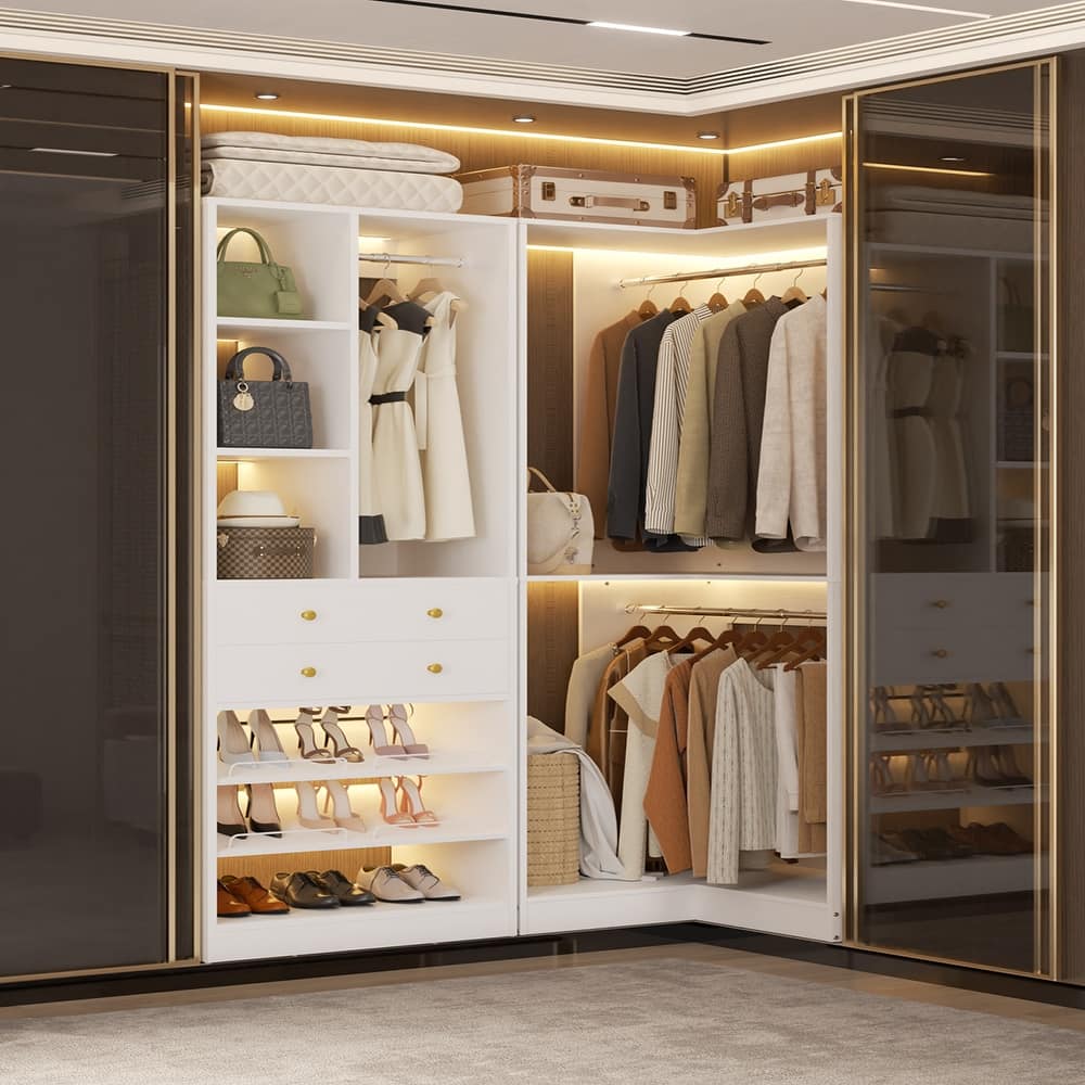 Grimm Set of 2/ 3 Coner Closet System with Shoe Racks and Drawers, Freestanding Closet Organizer with Hanging Rods and Shelves