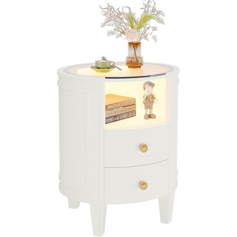 Oval White Nightstand Bedside Table with 2 Drawers and Light