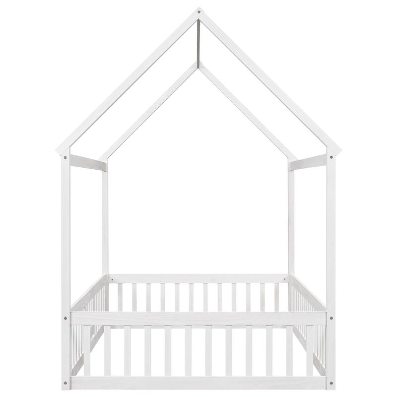 Full Pine House Bed with Fence and Door