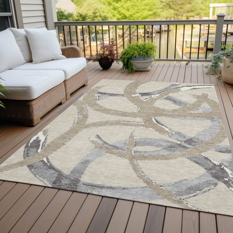 Machine Washable Indoor/ Outdoor Abstract Contemporary Chantille Rug - Beige - 8' x 10'