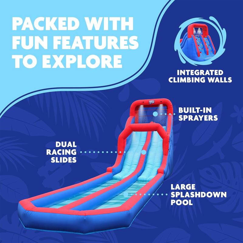 Deluxe Inflatable Water Racing Slide Park - Heavy-Duty Nylon Bouncy Station - Climbing Wall, Two Slides & Splash Pool - Large