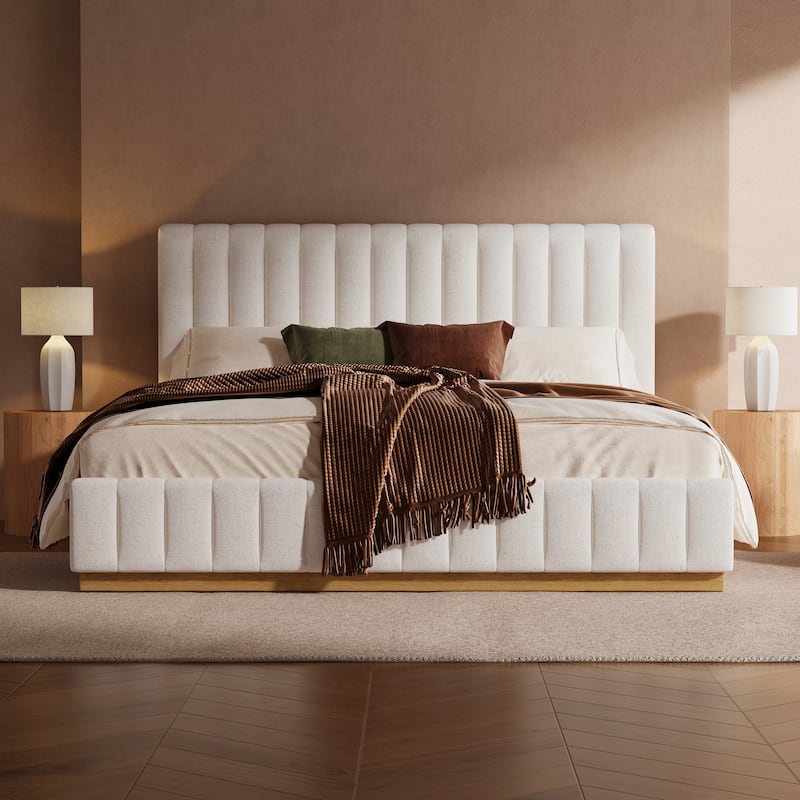 Christopher Knight Home - Harper Modern Linen Upholstered King Bed Frame with Thick Headboard and Solid Wood Base