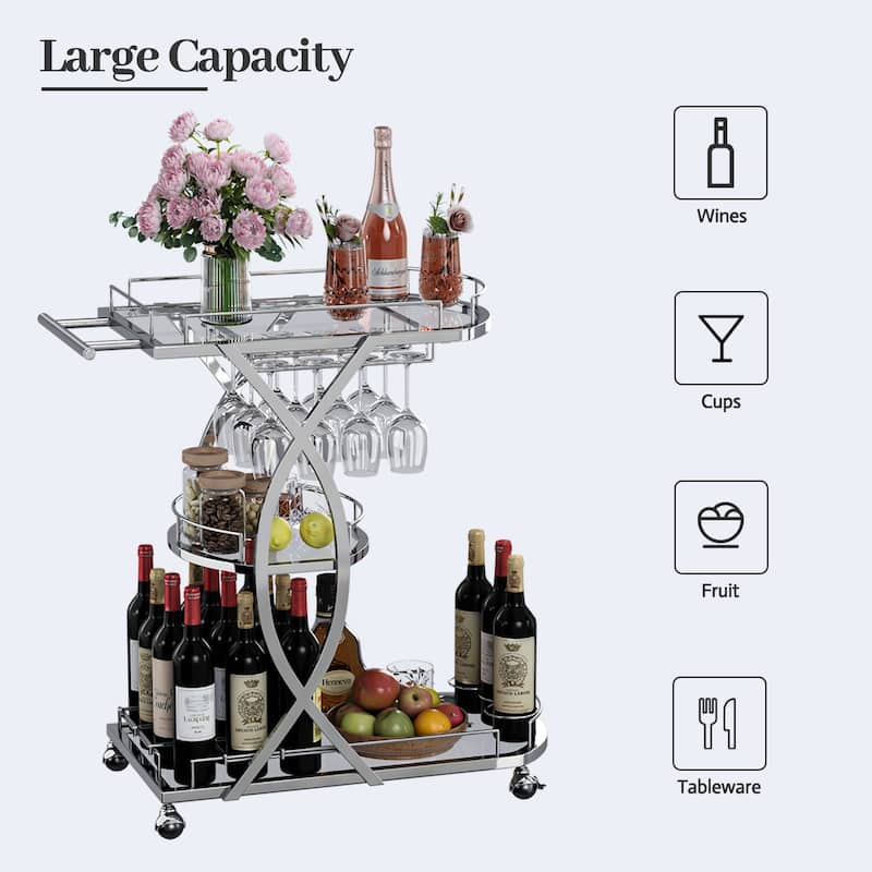 Myhozm Metal Glam Bar Cart with Glass Shelves and Wine Rack