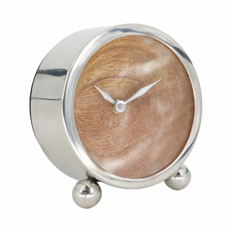 Sagebrook Home's 5" Round Wood Face Table Clock - Timeless Silver Steel, Wood, and Glass Design - 5" x 2" x 6"