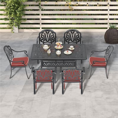 7-Pc Aluminum Patio Set , 6 x Armchairs with Cushions In Random Colors with 1 With Umbrella Hole Table