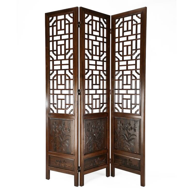 3 Mirrored Panel Screen with Trellis Cut Out Pattern, Brown