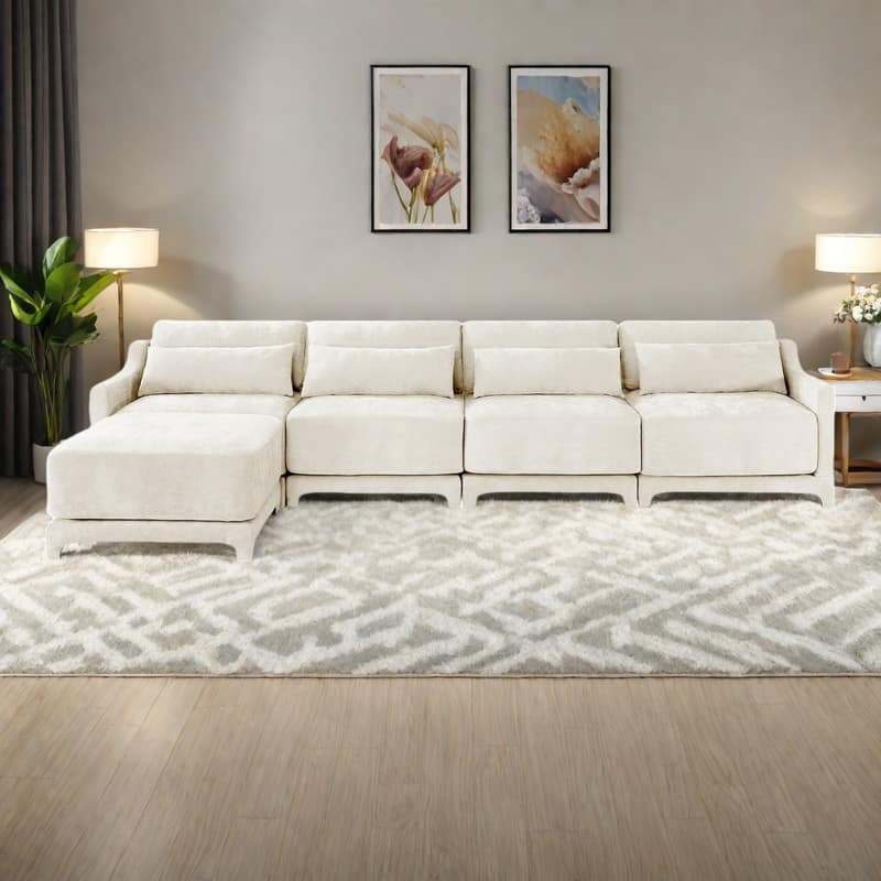 141.7" Chenille Modular 4-Seater Sofa with Movable Ottoman, High-Resilient Sponge, and Ergonomic Wooden Base - Beige