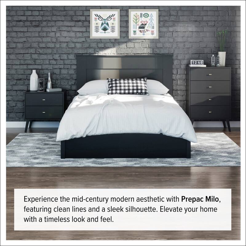 Prepac Milo Mid-Century Modern 2 Drawer Nightstand, Bedside Table, Contemporary Bedroom Furniture