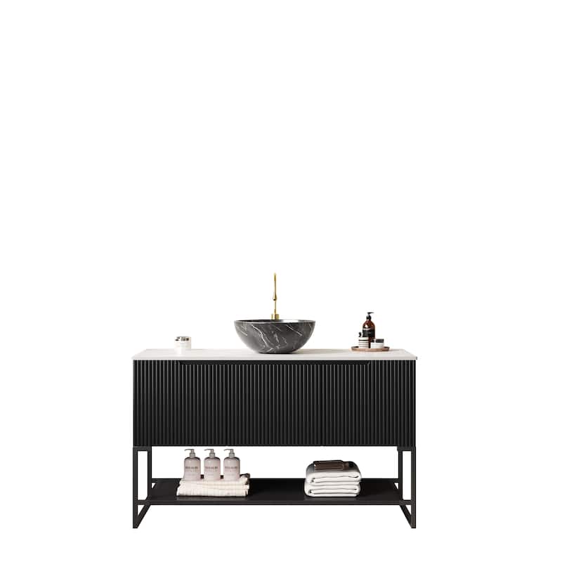 Freestanding Bathroom Vanity with Open Shelf, Black Stone Pattern Bowl Ceramic Basin and Carrara White Sintered Stone Countertop