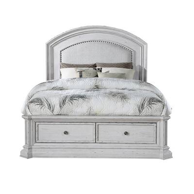 California King Bed with Arched Design and 2 Drawers, Antique White