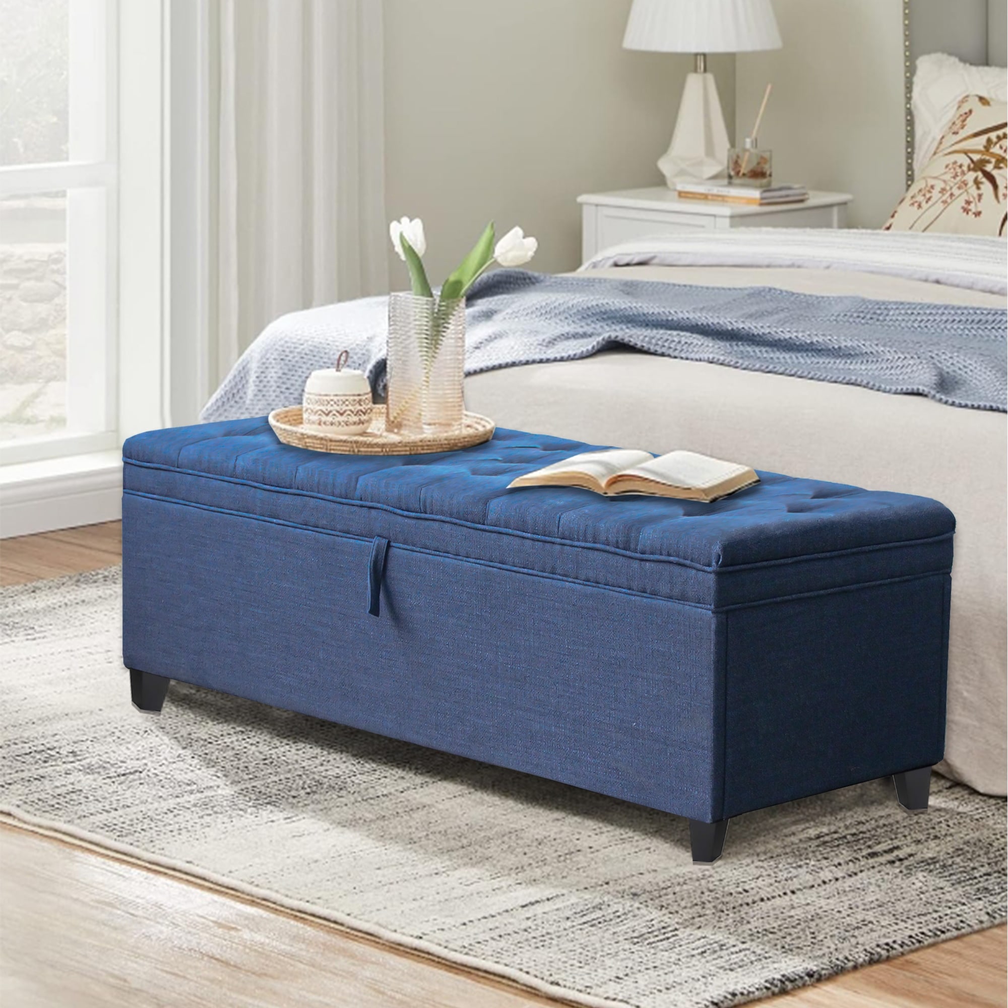 Extra Long Blue Linen Storage Bench with Padded Seat and Ample Storage Space Oversized