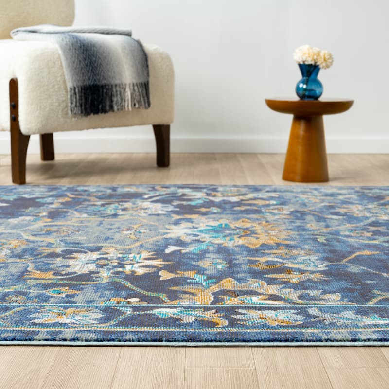 Sevita Gaia Farmhouse Floral Durable Performance Blue Indoor Area Rug
