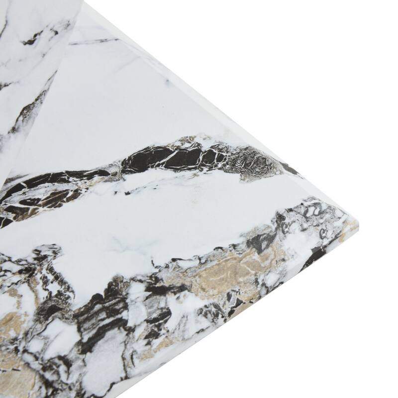 glass coffee table with marble patterned MDF legs and stainless steel decorative columns