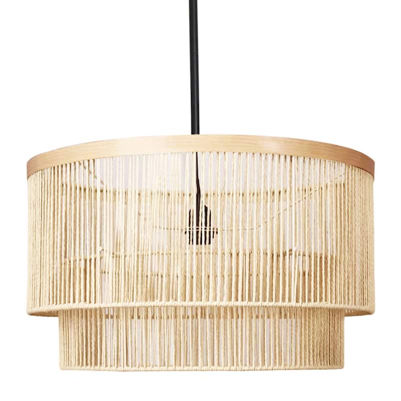 Traditional Rattan Chandelier Pendant Light With Wood Finish Band