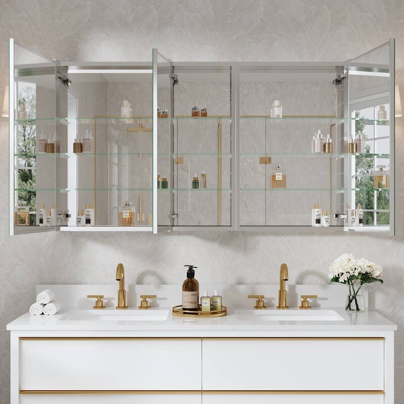 52"W X 30'H Bathroom Recessed or Surface Wall Mount Medicine Cabinet With Adjustable Glass Shelves