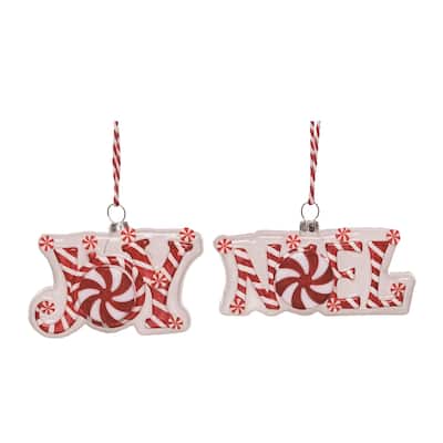 Transpac Glass Peppermint Joy & Noel Ornament Set of 2 Christmas Home Decorations
