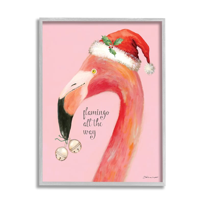 Stupell Flamingo All The Way Pink Santa Claus Bird Framed Wall Art - Orange - 24 x 30 - Grey