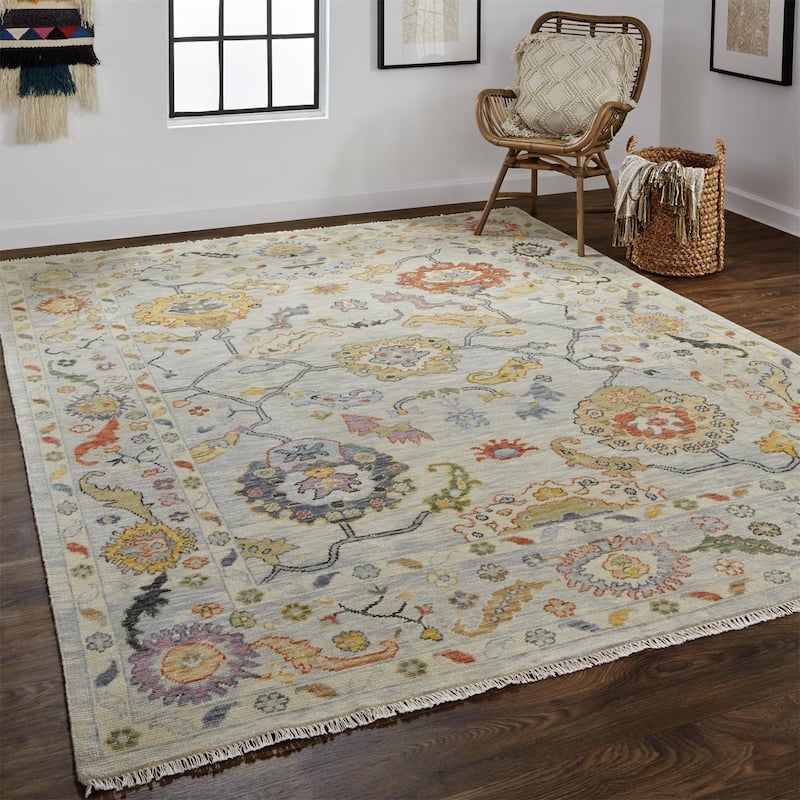 Larson Luxe Hand Knot Botanical Rug, Gray/Yellow/Orange