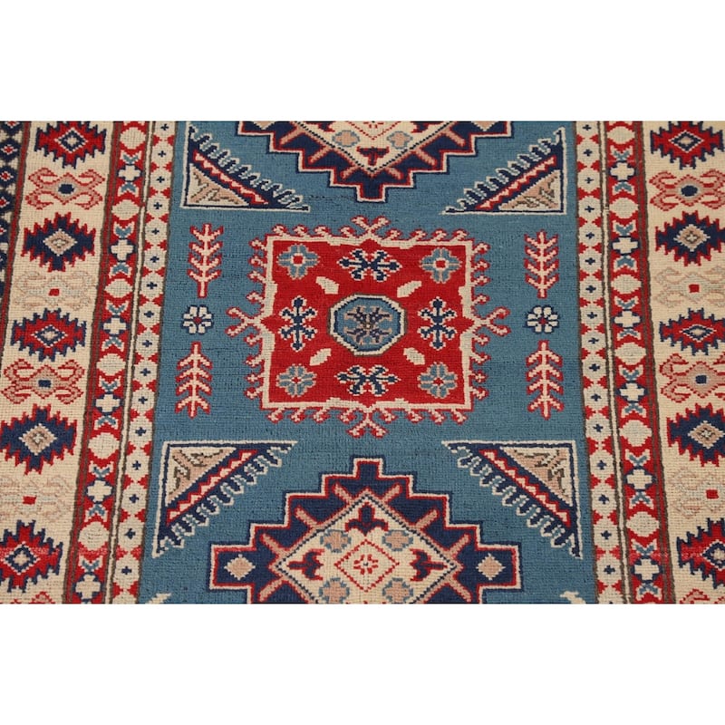 Blue Geometric Kazak Oriental Accent Rug Hand-Knotted Wool Carpet - 3'6"x 4'6"