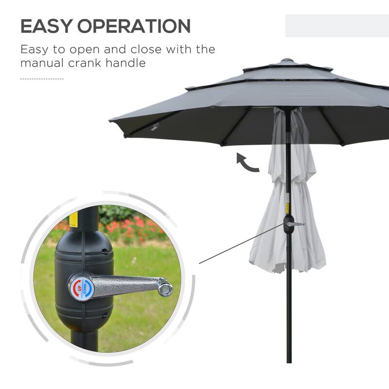 9FT 3-Tier Outdoor Patio Umbrella with Crank and Push Button Tilt, Dark Gray