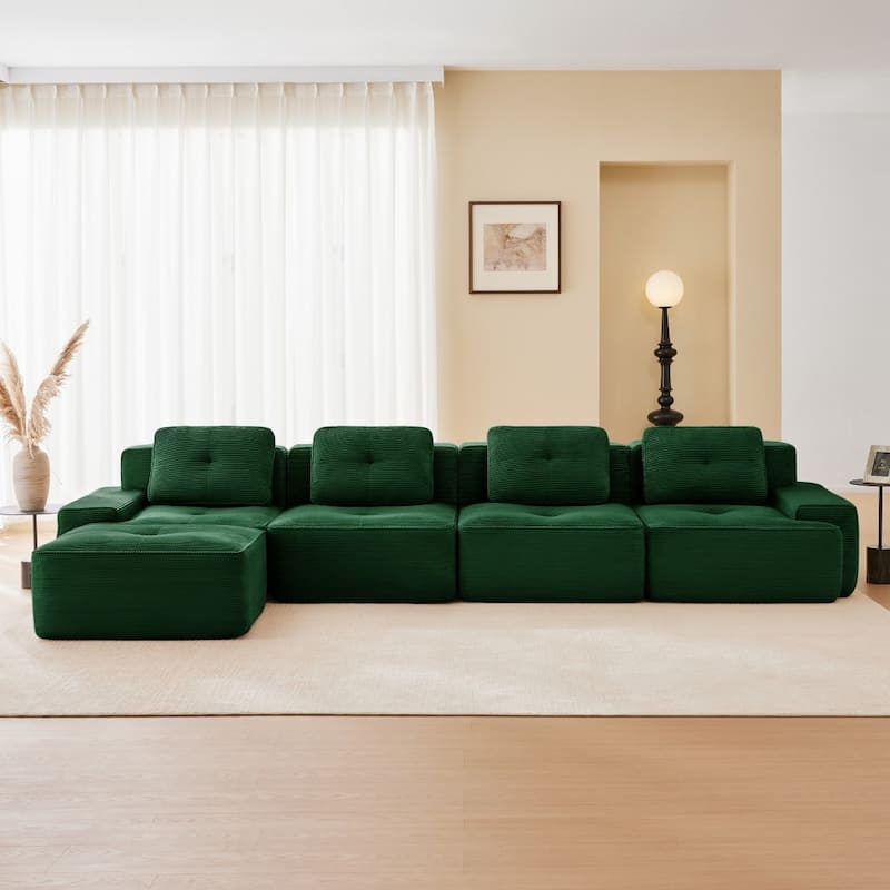 L-Shaped Premium Modular Corduroy Sectional Sofa with Movable Ottoman - Green