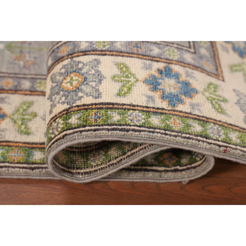 Gray Geometric Kazak Oriental Accent Rug Handmade Foyer Wool Carpet - 2'8" x 4'1"