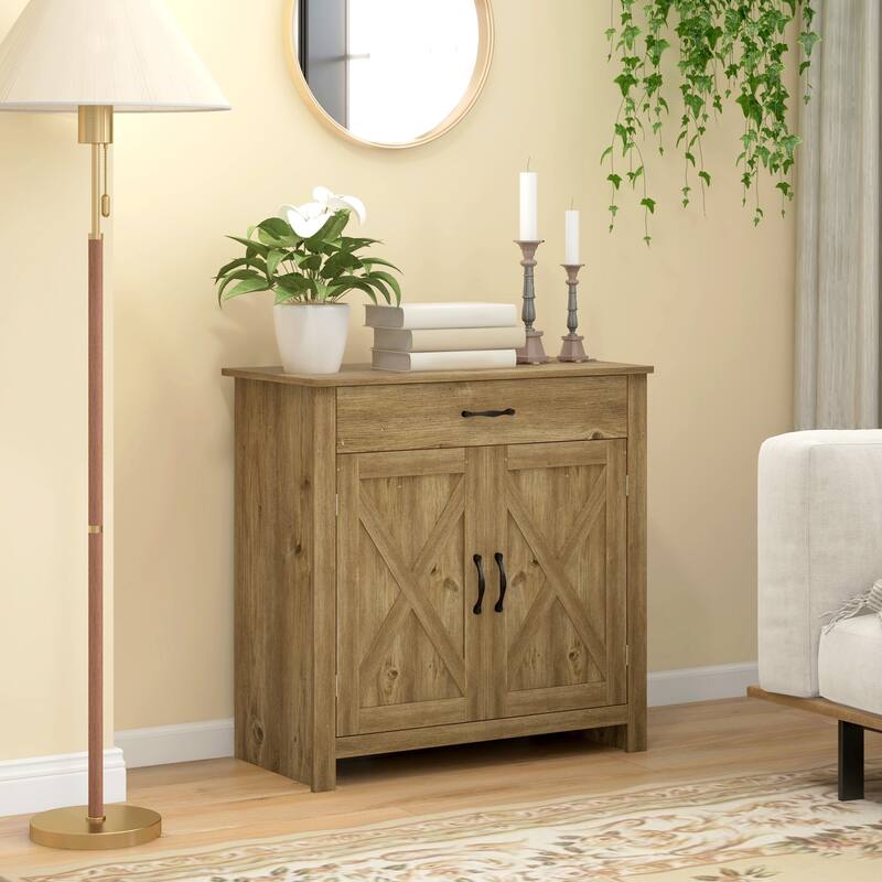 HOMCOM 32" Farmhouse Barn Door Style Sideboard Cabinet,Buffet Storage Cabinet Coffee Bar for Living Room or Entryway