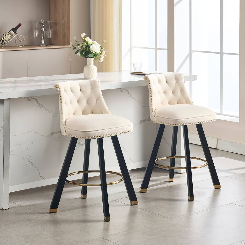 Velvet Swivel Bar Stools Set of 2, Counter Height Stools with Button Tufted Back, Kitchen Island Chairs with Footrest