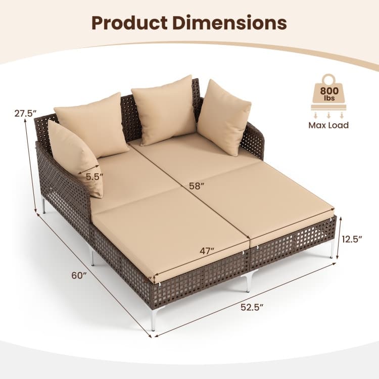 Mix Brown Rattan Day Bed with Cushions Outdoor Lounger - 60" x 52.5" x 27.5"