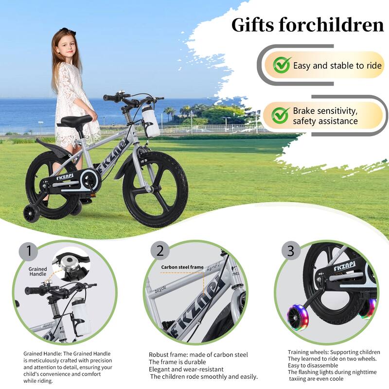 16 Inch High Carbon Steel Frame, Little Daisy Kids Bike w/Kettle & Training Wheels, Magnesium Alloy Wheels Bicycle for 2-7 Years
