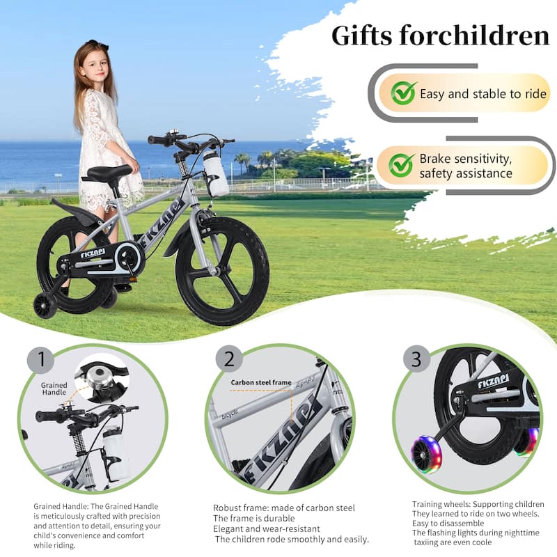 18 Inch High Carbon Steel Frame, Night Glow Kids Bike/Toddler Bicycle w/Magnesium Alloy Wheels, Training Wheels for Girls & Boys
