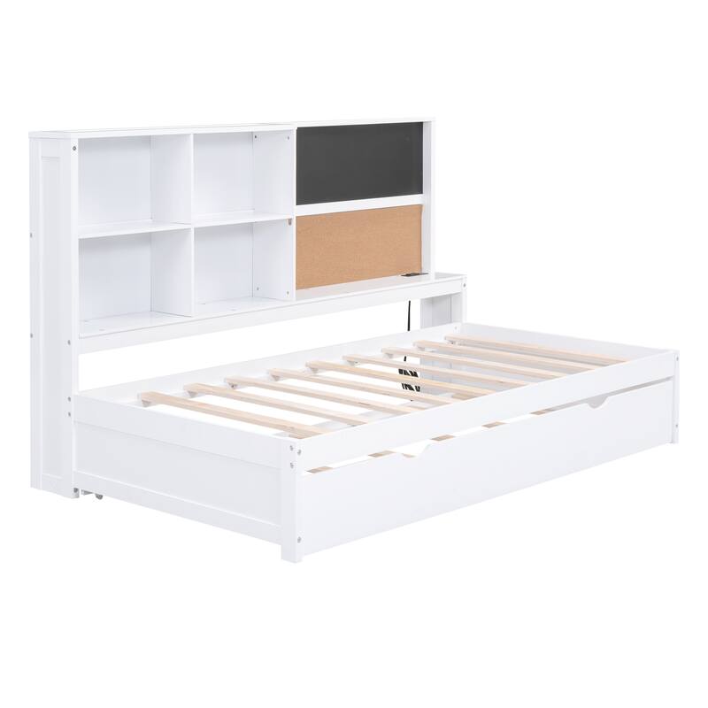 Full Size Wood Daybed with Storage Shelves, Blackboard, Cork Board, USB Charging Ports, and Trundle